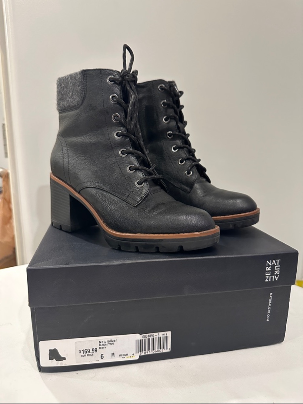 Naturalizer Black Leather Lace-Up Block Heel Ankle Boots with Gray Cuff